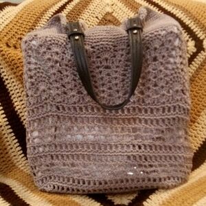THE SAK🛍️24"Crochet Bag in Gray With Detachable/Adjustable Black Leather Handle